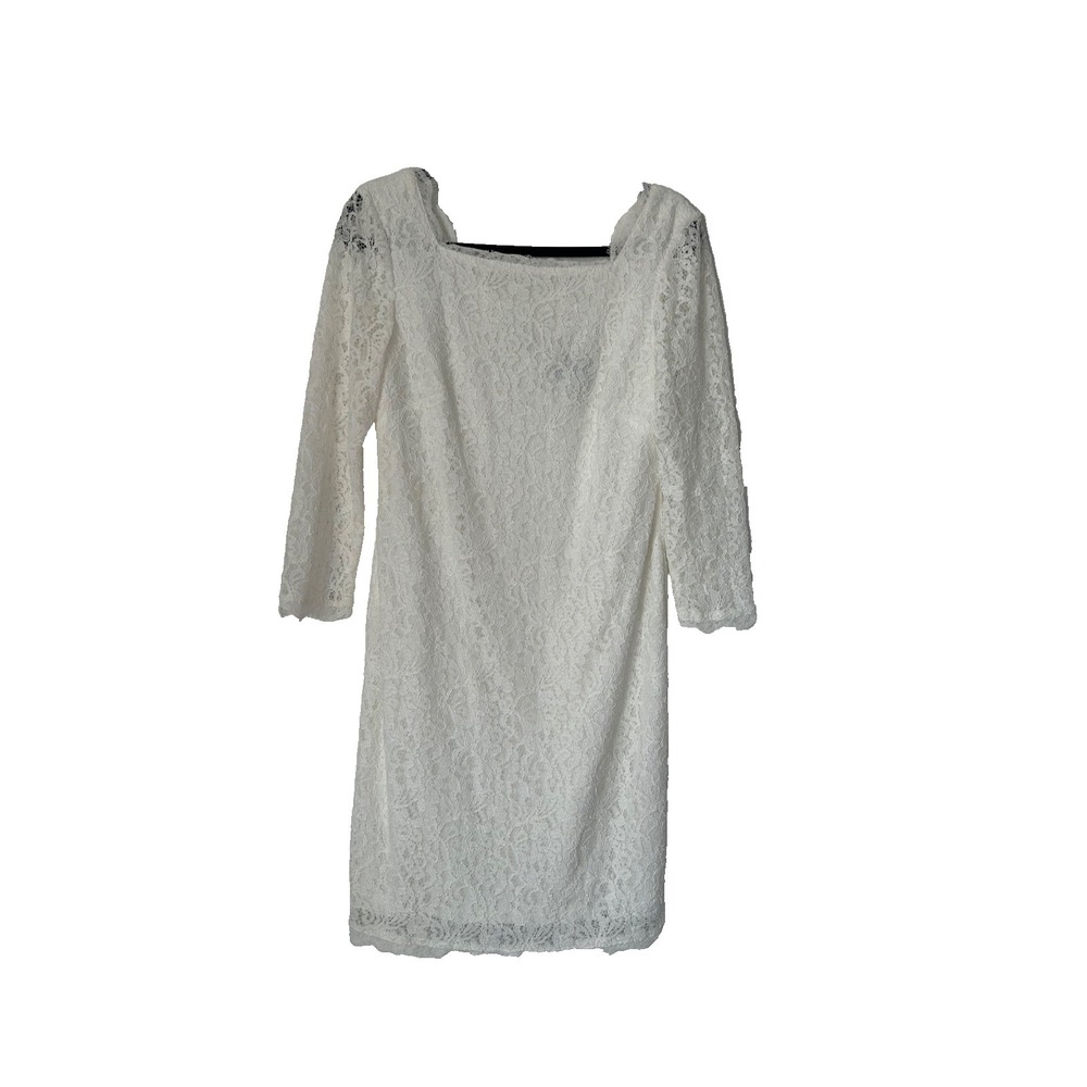 Adrianna Papell Sheath Dress Size 12 White Floral Lace Overlay Sheer Lined